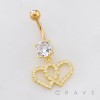 DOUBLE MULTI CZ HEART DANGLE BELLY BUTTON NAVEL RING 316L SURGICAL STEEL